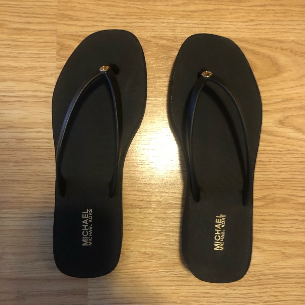 Michael Kors Black Flip-Flop Sandals with Gold Logo Accents